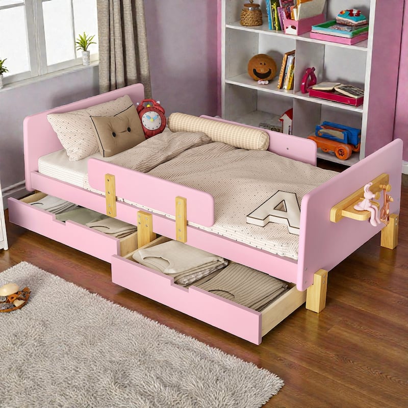 Twin/Full Wood Platform Bed with Storage Drawers, Guardrail, Shelf & Hooks, Solid Wood Frame, No Box Spring Needed - Pink - Twin