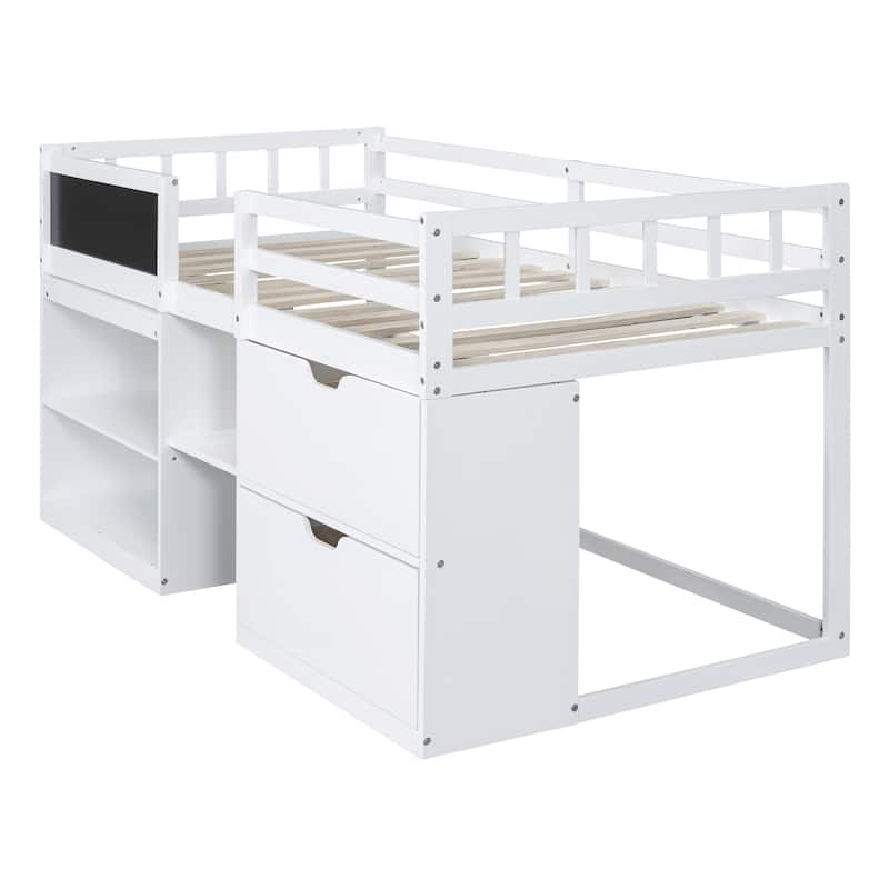 Twin Size Low Loft Bed with Rolling Desk, Shelf and Drawers - Espresso