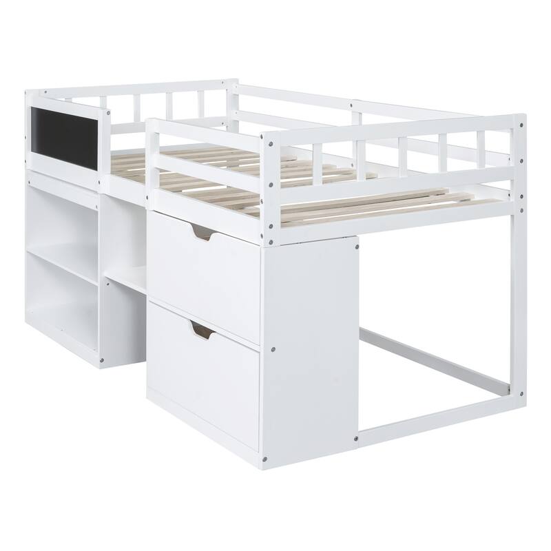 Twin Size Low Loft Bed with Rolling Desk, Shelves, and Drawers - Space Saving Design