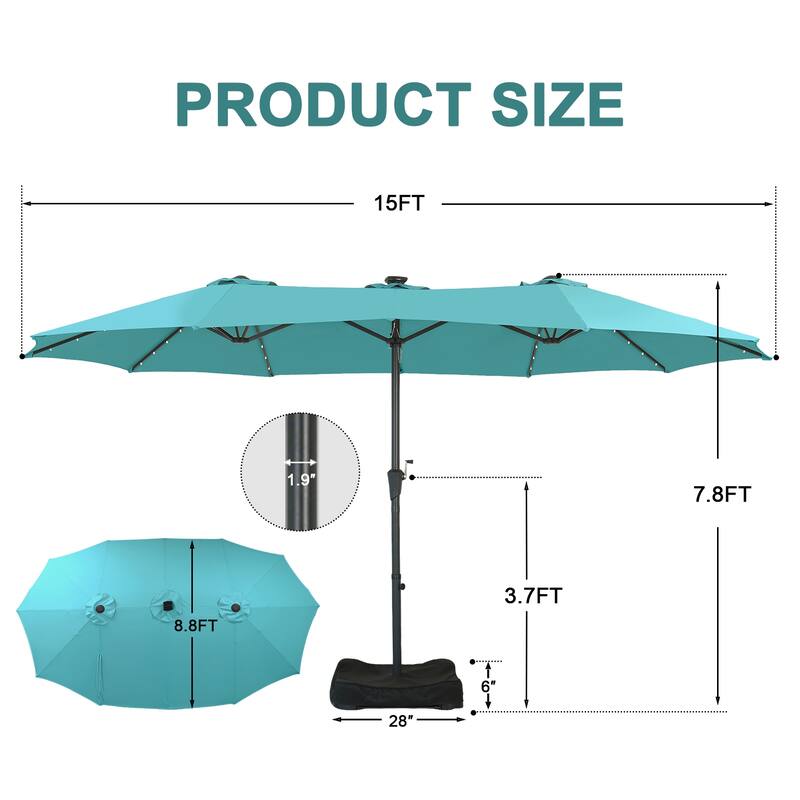 Autlaycil 15ft Retangle Patio Umbrella with Solar Lights & Base