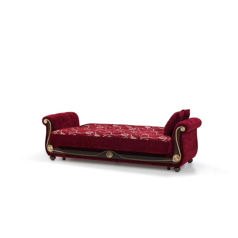 HomeRoots 95" Burgundy Chenille Convertible Futon Sleeper Sofa And Toss Pillows With Storage