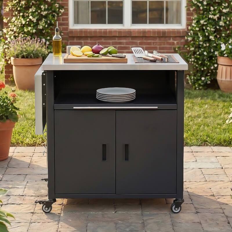 Foldable Outdoor Prep Station BBQ Cart, Kitchen Island Grill Cart with Trash Rack and Storage Space