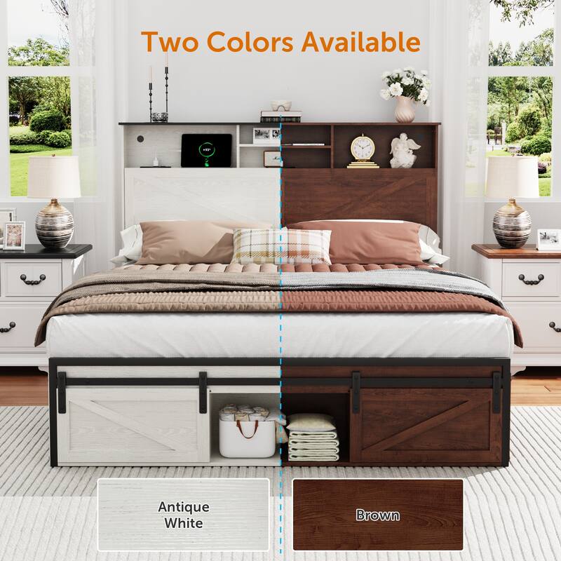 Wooden Platform Bed Frame with Bookcase Storage Headboard/Charging Station and LED Lights/Sliding Barn Door Storage at the Foot