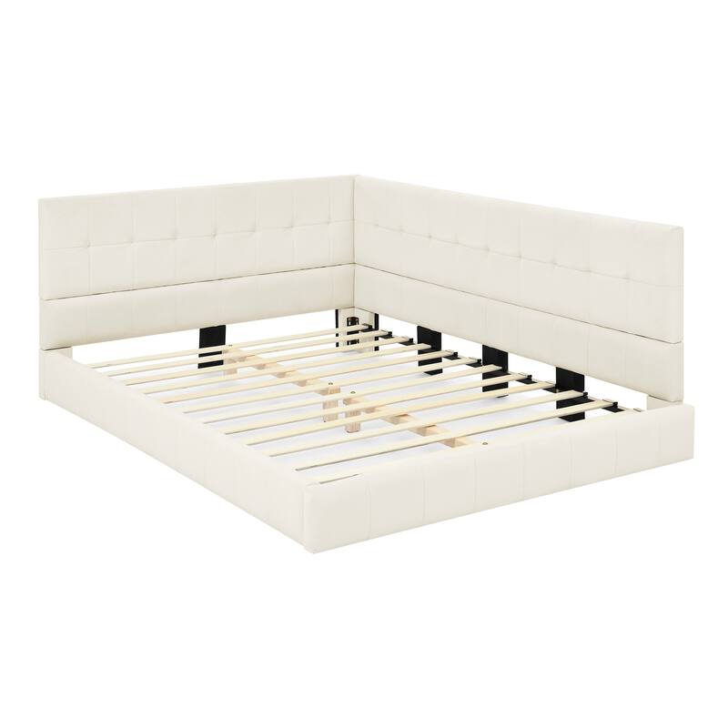 Full Size Daybed Grounded Bed Velvet Upholstered Tufted Bed Frame with L-shaped Backrest & Armrests for Livingroom or Bedroom