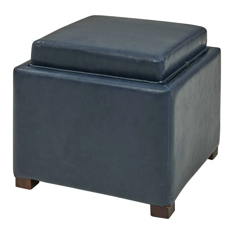 NPD Furniture Cameron Bonded Leather Square Storage Ottoman with Tray - Blue