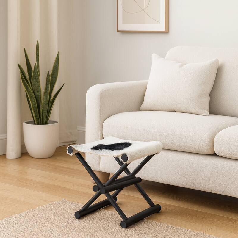 Foldable Backless Cowhide Storage Stool with Solid Wood Frame - Black