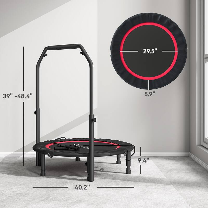 Soozier 40" Foldable Mini Trampoline, for Adults with Adjustable Foam Handle and Resistance Bands, Max Load 330 lbs, Red