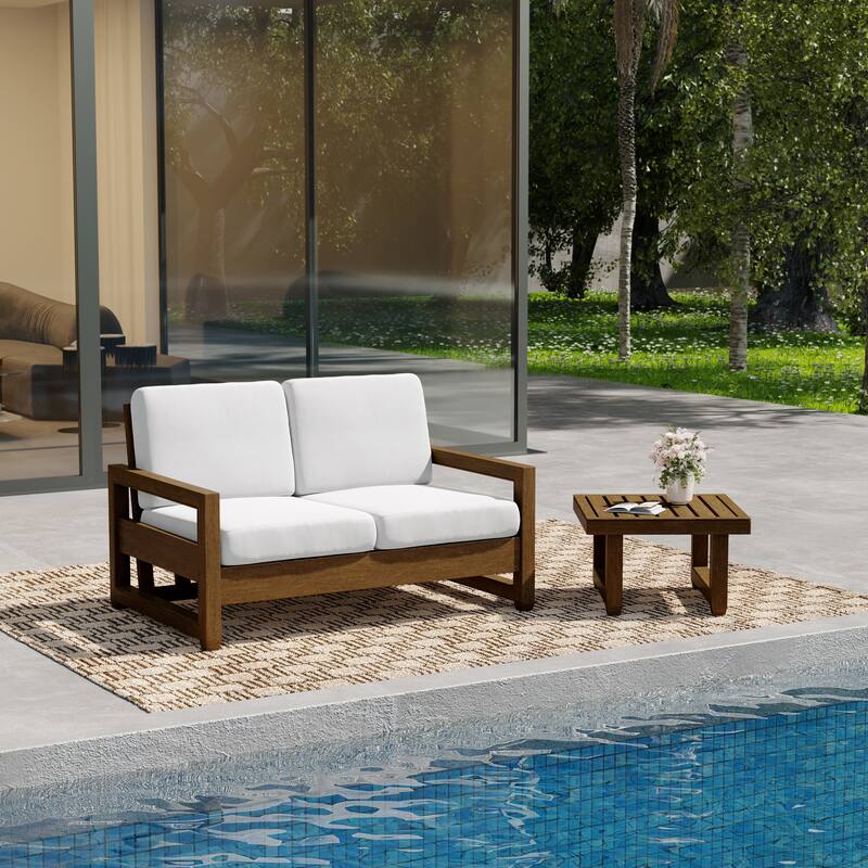 Teak Wood Cushioned Outdoor Patio Loveseat Set with Side Table