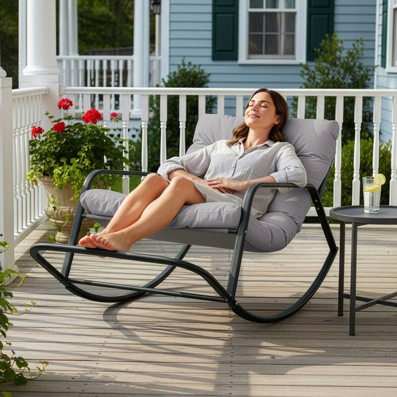 Oversized Outdoor Papasan Rocking Lounge Chair with Thick Cushion, Heavy-Duty Metal Patio Rocker Recliner, 450 lbs Capacity