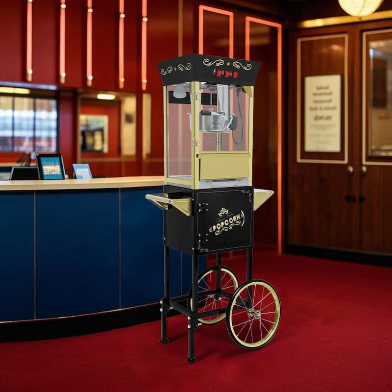 12oz Popcorn Machine Cart, Popcorn Cart with Wheels, Vintage Popcorn Machine with Stainless Steel Kettle