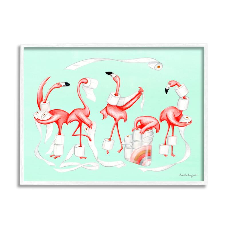 Stupell Silly Flamingos Toilet Paper Rolls Bathroom Illustration Framed Wall Art, Design by Amelie Legault - Pink - 20 x 16 - White