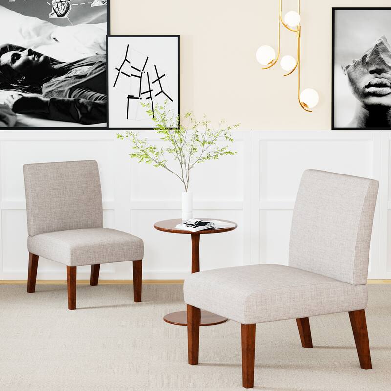 Round Wood Side Table & Dining Chairs Set Breakfast Nook with 2 Upholstered Fabric Beige Dining Chairs