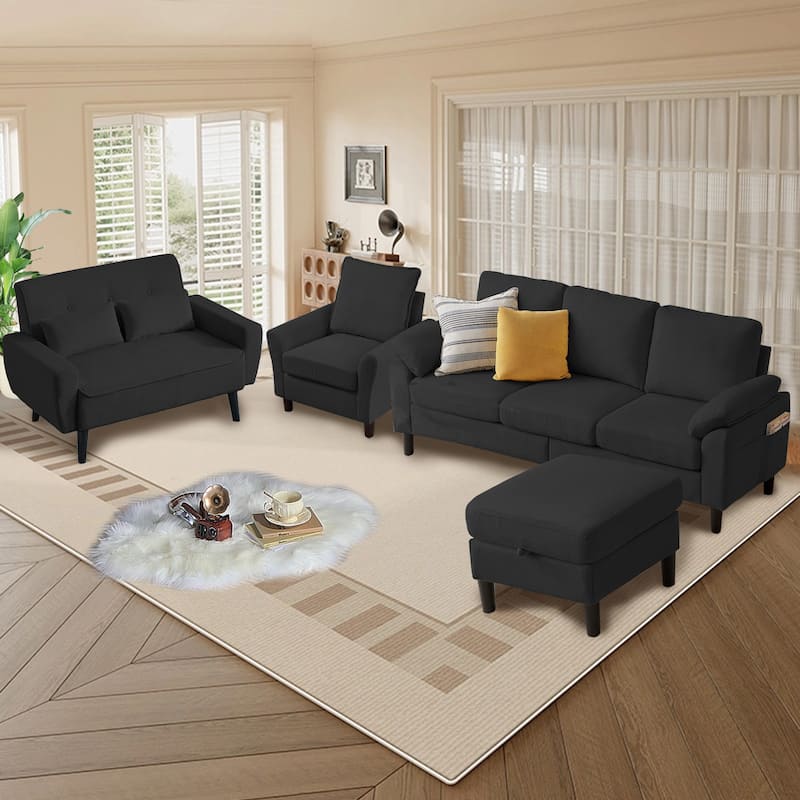 4-Piece Corduroy Living Room Sectional Sofa Set with Loveseat and Chair