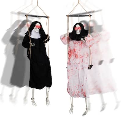 Outdoor Halloween Decorations 2 Packs Hanging Ghosts Decor with Lighted Up Eyes and Horror Scream