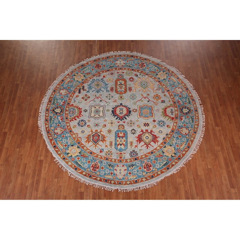 Oushak Indian Round Rug Hand-Knotted Wool Carpet - 8'10"x 9'1"