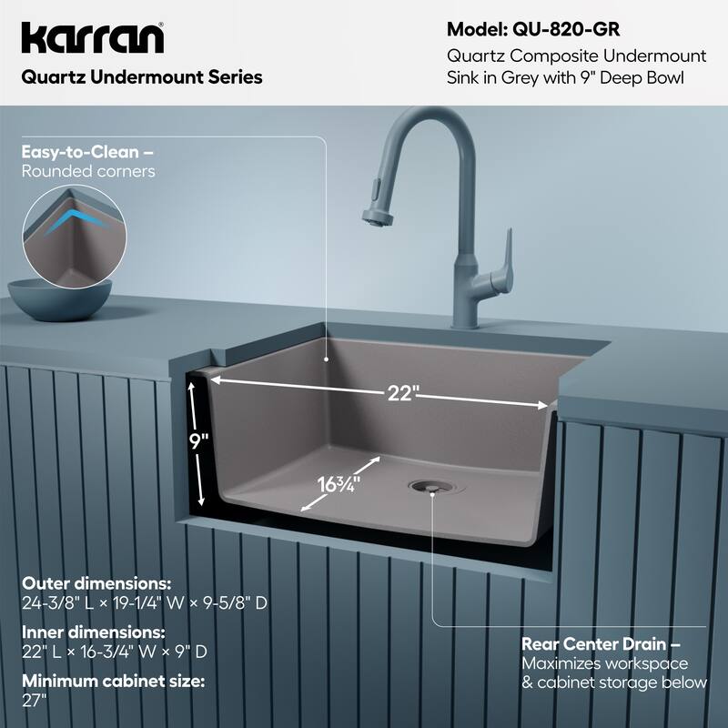 Karran Undermount 24.38 in Single Bowl Quartz Kitchen Sink