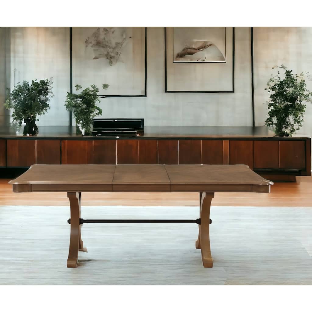 64" Brown Solid Wood Removable Leaf Trestle Base Dining Table