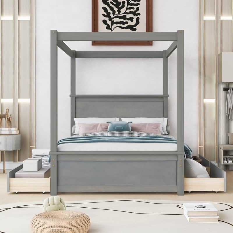 Full Size Wood Canopy Bed with 4 Drawers