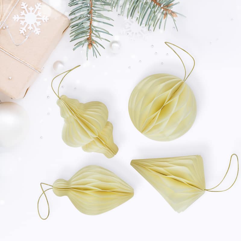 Foldable Paper Honeycomb Christmas Finial Ornaments - 4" - Cream - Set of 4