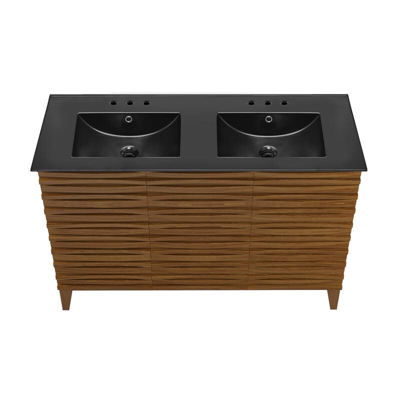 Cascade 48 In. Brown Oak, Double Basin Bathroom Vanity With Black, 3-Hole Ceramic Sink Top
