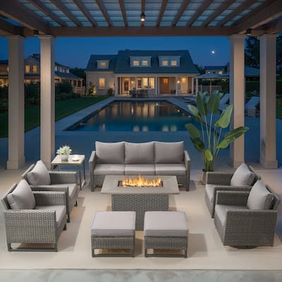 Outdoor Sofa Swivel Chairs Set with Fire Pit Table - Grey cushion