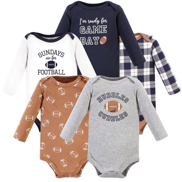slide 1 of 1, Hudson Baby Infant Boy Cotton Long-Sleeve Bodysuits, Football Huddles 5-Pack 0-3 Months - Football Huddles 5-Pack