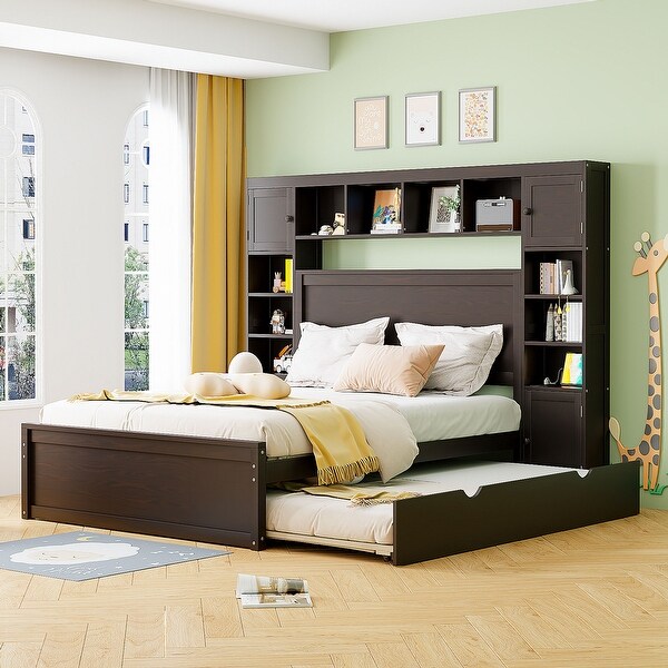 Queen Platform Bed with 2 Storage Drawers Trundle Wooden Bookcase Bed Frame with All in One Cabinet Shelf Sockets Espresso On Sale Bed Bath Beyond 40216369
