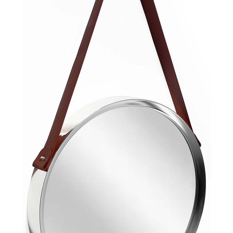Decorative Silver 18 inch Mirror with Convex Frame and Hanging Strap - 18 x 2 x 18 - 18 x 2 x 18