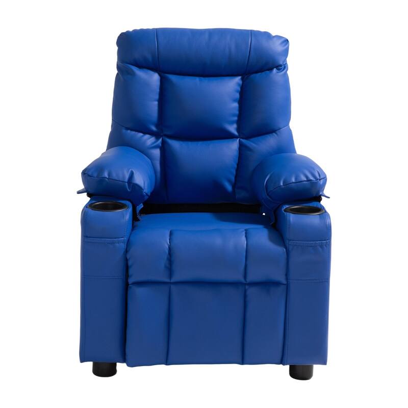 Blue Wooden Frame Kids Recliner with Adjustable Backrest, Cup Holders and Storage - 25.8 x 30.3 x 26.4 in