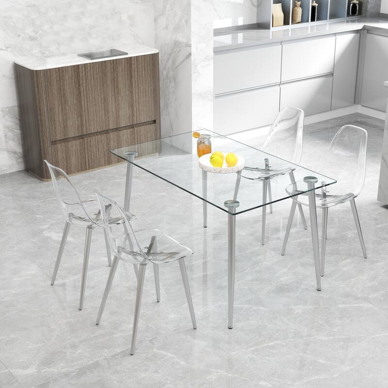 Roomfitters Transparent Plastic Dining Chairs with Silver Metal Legs, Armless Crystal Style Makeup or Office Set of 6