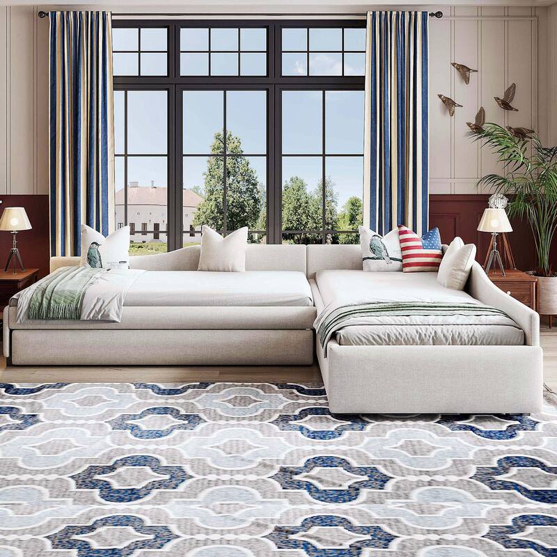 Double Twin Size Daybed with Trundle and Drawer, Living Room Linen Upholstered Sofa Bed, Solid Wood Platform Bedframe - Beige - Twin