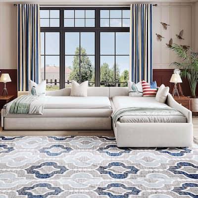 Double Twin Size Daybed with Trundle and Drawer, Living Room Linen Upholstered Sofa Bed, Solid Wood Platform Bedframe