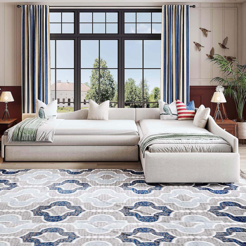 Double Twin Size Daybed with Trundle and Drawer, Living Room Linen Upholstered Sofa Bed, Solid Wood Platform Bedframe