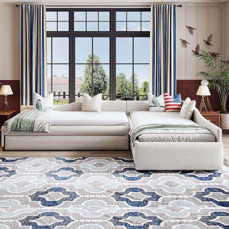 Upholstered Double Twin Size Daybed with Trundle and Drawer, Beige