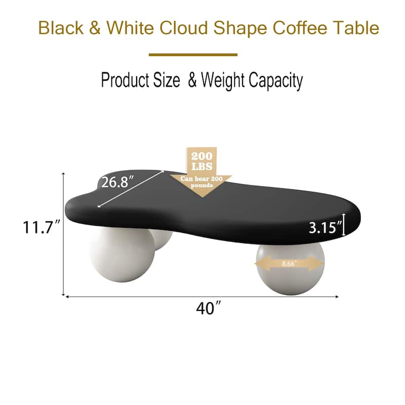 40 Inch Cloud Shaped Coffee Table with 3 Ball Legs for Living Room
