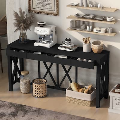 60''Acacia Veneer Console Table with 4 Spacious Drawers, Modern Crisscross Design Entryway Table with Open Bottom Storage