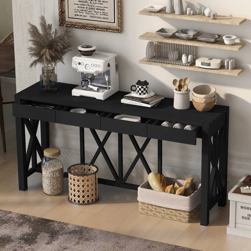Acacia Veneer Console Table Entryway Table with 4 Drawers and X-Leg, Farmhouse Sofa Table with Open Bottom Storage - Black