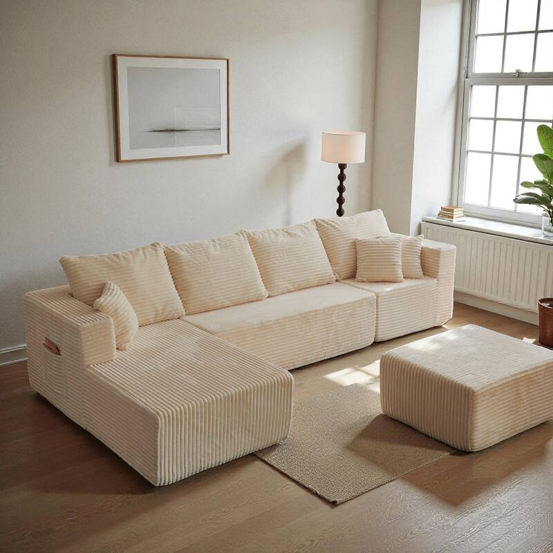 133.86" Cloud Modular U-Shaped Sectional Sofa with Ottoman, Deep-Seat Corded Fabric Couch for Living Room, No Assembly - Beige
