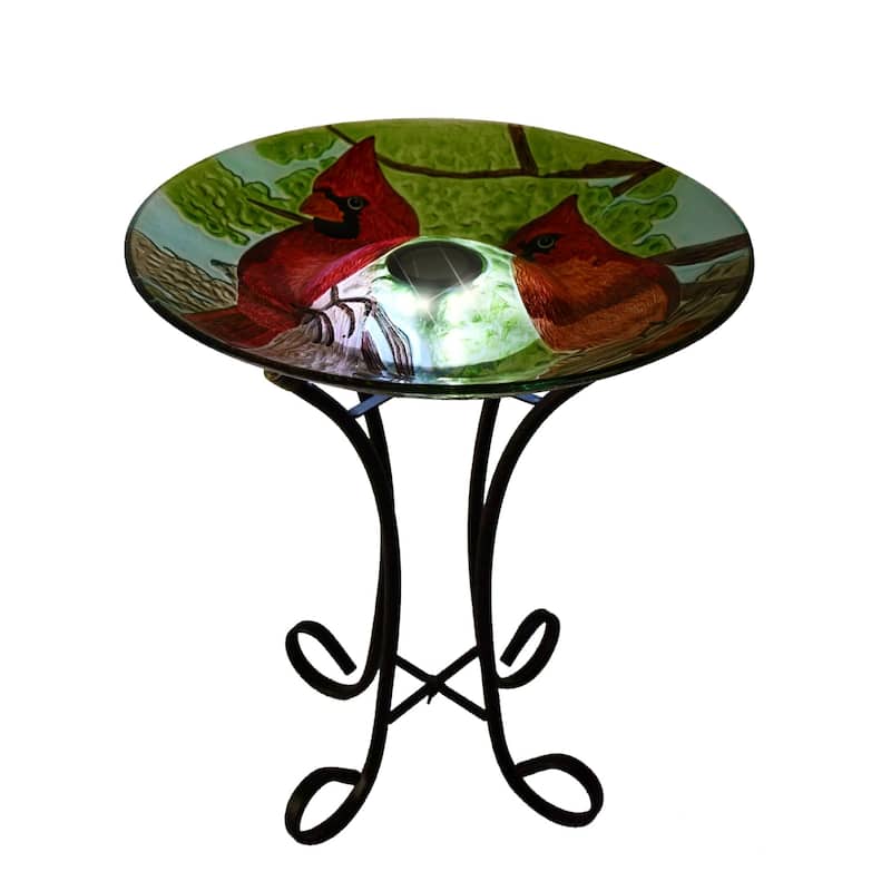 Solar Cardinals Glass Bird Bath with Stand - 21" - Red and Green