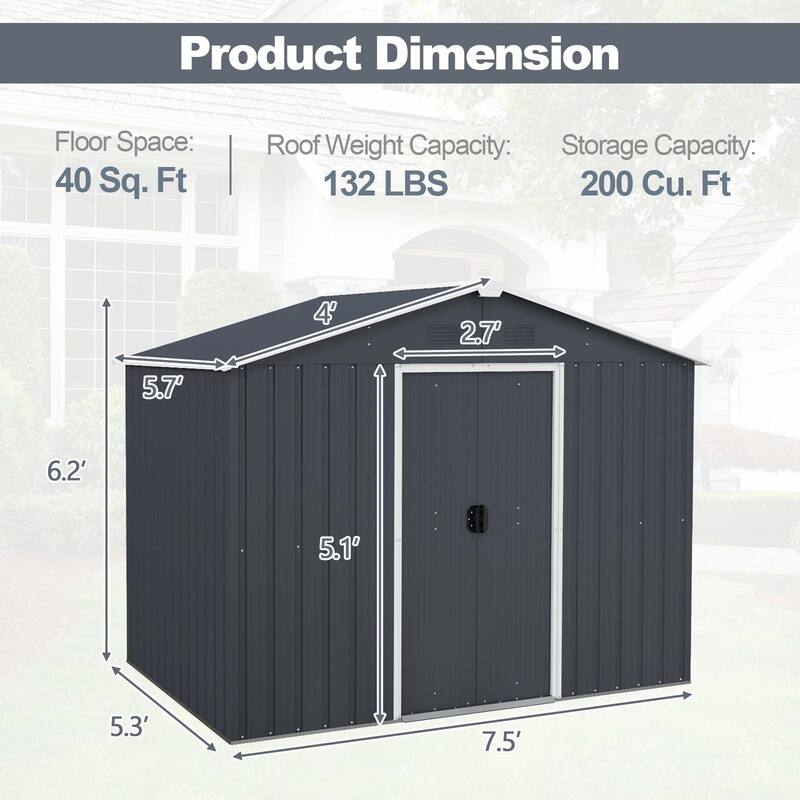 Costway 5.7 FT x 7.5 FT Outside Storage Shed Double Door Outdoor Tool - See Details