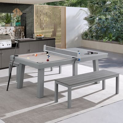 Laguna Indoor/Outdoor 7ft Slate Pool Table Dining Set with 2 Benches & Accessories, Cement Finish