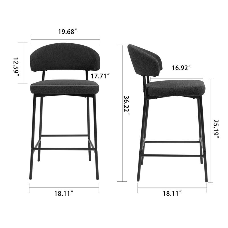 Set of 2 Bennett Black Boucle Upholstered Fabric Counter Stool with Black Iron Legs