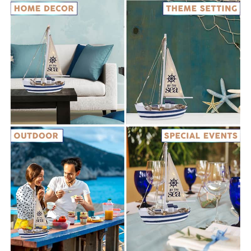 CoTa Global Ocean Blue Sea Boat with LED Light for Table Top Decor - 13″Lx8.5″Wx2.5″H