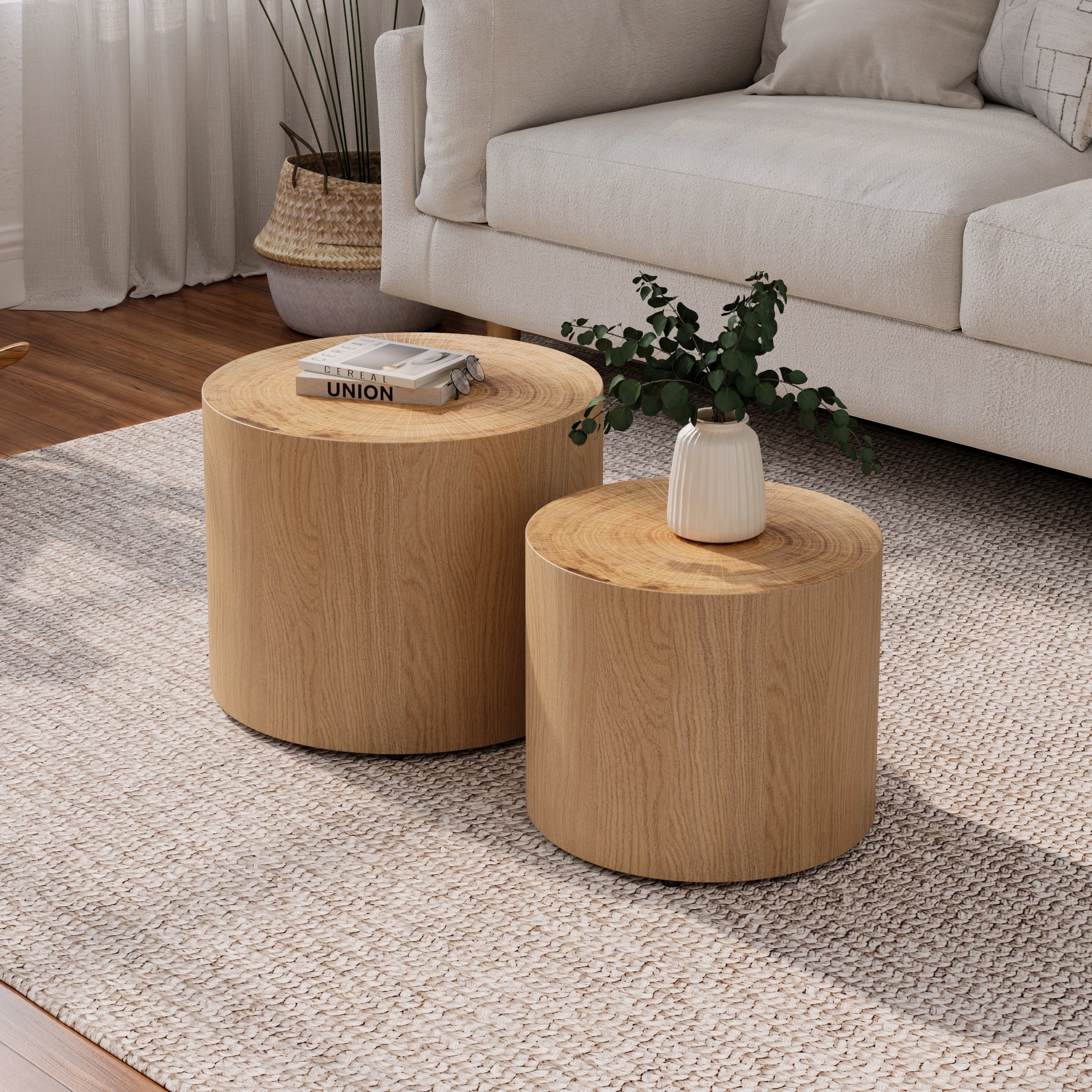 Modern Round Nesting Wooden Drum Coffee Table Set of 2