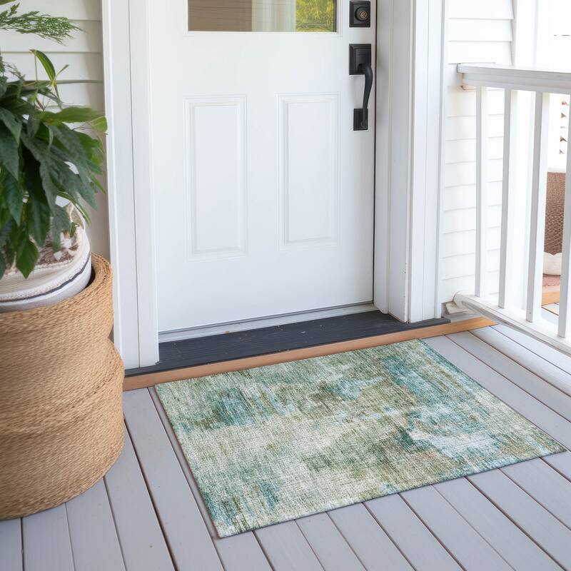 Machine Washable Indoor/ Outdoor Abstact Contemporary Chantille Rug - Sage - 1'8" x 2'6"