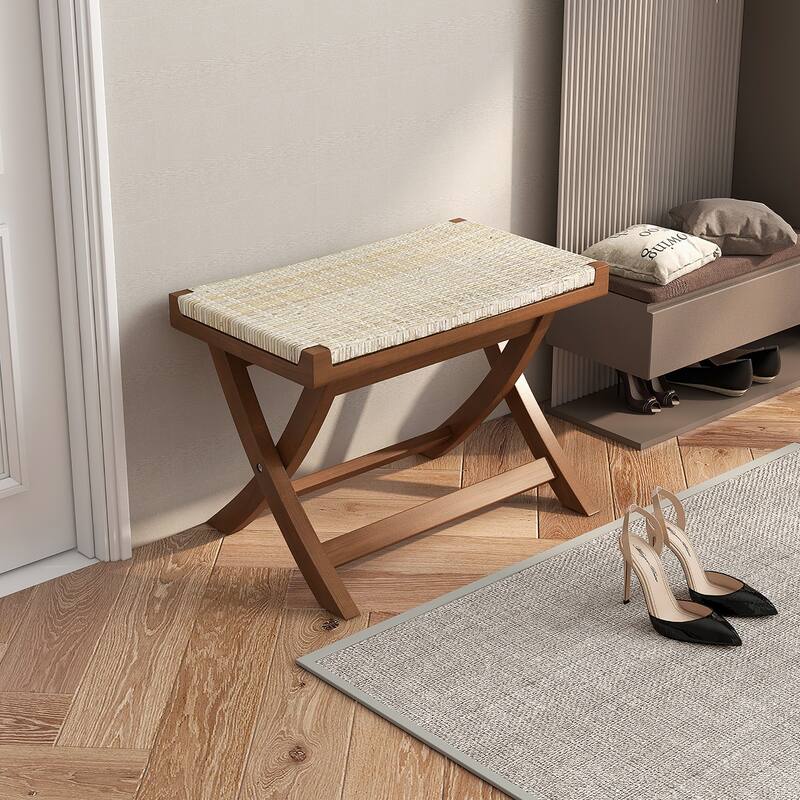Gymax Folding Natural Rattan Ottoman w/ Hand-woven Seat & X-shaped