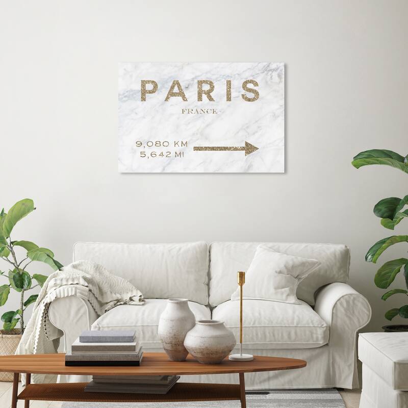 Wynwood Studio Canvas Fashion and Glam Paris Road Sign Marble Gold Glitter Gold and Metallic Gold Glam Wall Art Canvas Print - 20 x 30