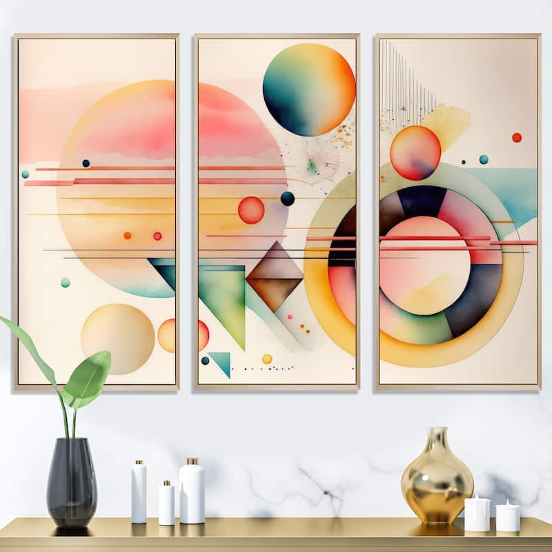 Designart "Pastel Minimalist Multi Shape Art III" Modern Geometric Framed Canvas Art Print - 3 Panels