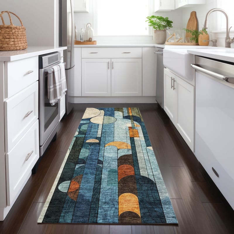 Machine Washable Indoor/ Outdoor Abstract Deco Chantille Rug - Blue - 2'3" x 7'6"