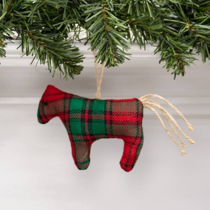 Red-Green Plaid Fabric Horse Ornament with Jute String Hanger - 4.50 x 1 x 3.50 in. - Green/Red